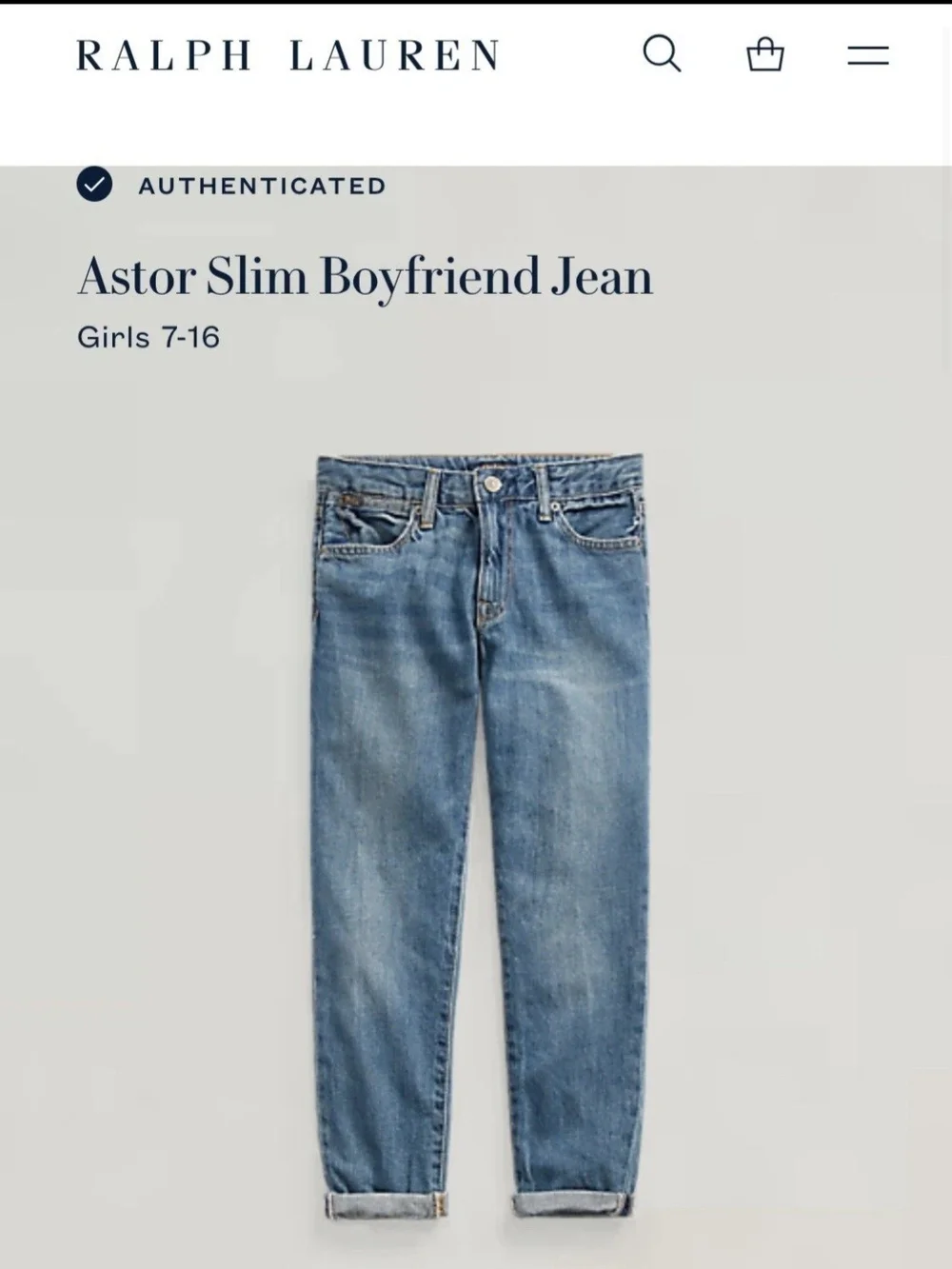 Ralph Lauren Girls Slim Boyfriend Jeans in Light Blue Denim